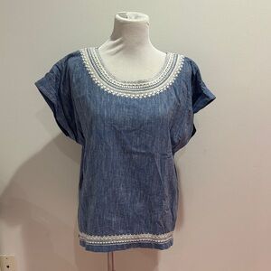 Roller Rabbit Denim Blue Blouse with White Embroidery